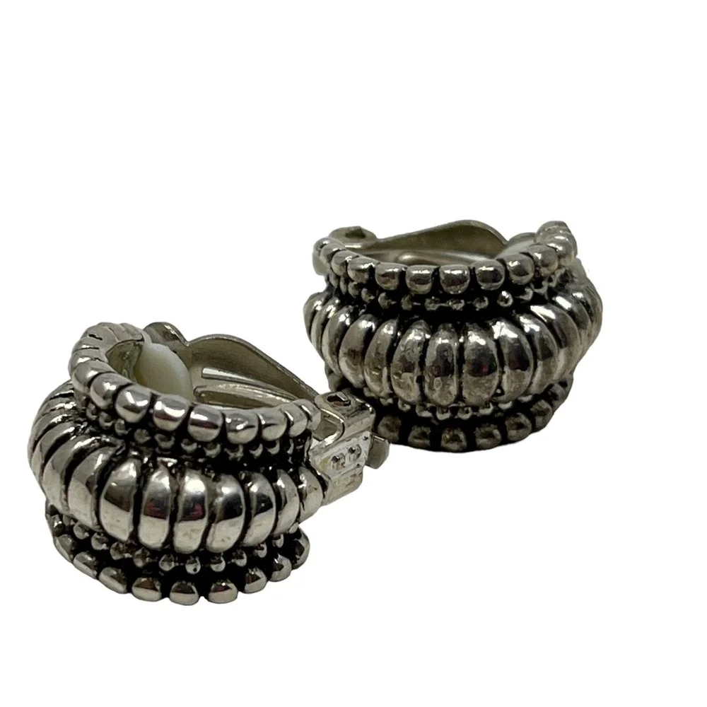 Vintage Clip On‎ Earrings Silver Tone Metal Black Accent Hoops